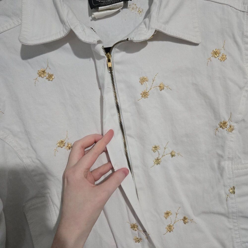 Vintage PG Collections Womens White Floral Embroidery Zip Up Denim Jacket Size S - Picture 3 of 6